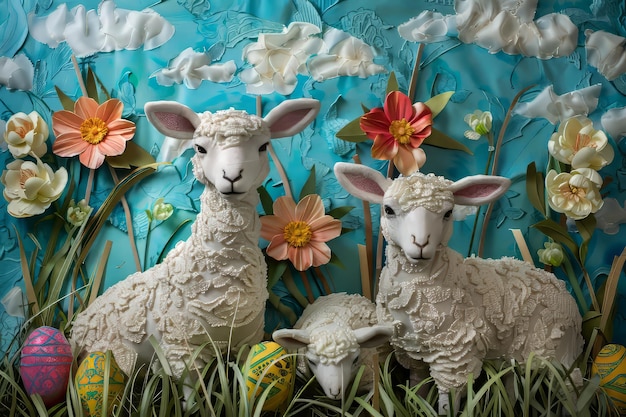 Arte de Páscoa com 3 cordeiros ovelhas Feliz Páscoa