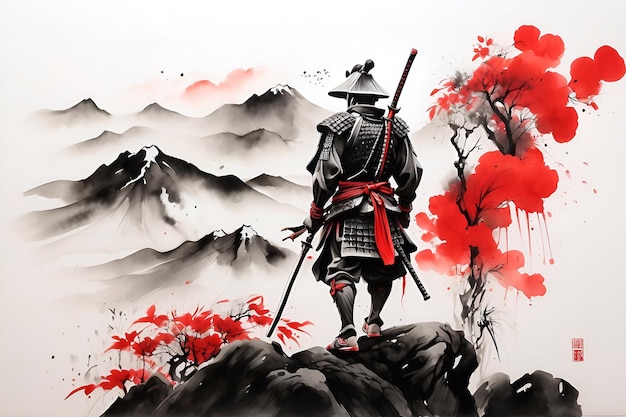 Foto arte de pintura de tinta de guerreiro samurai japonês