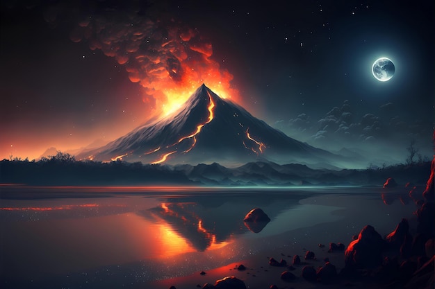 Arte de pintura digital de uma erupção vulcânica à noite