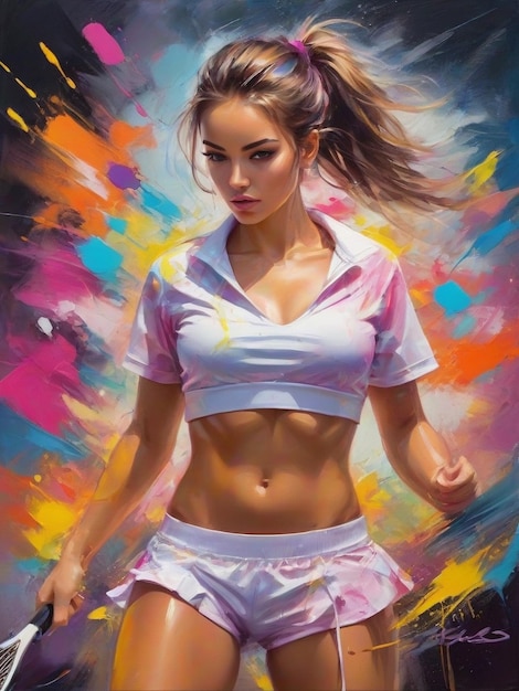 Arte de pintura sobre ela está em uniforme de tênis look sexy arte de pintura ai generativa