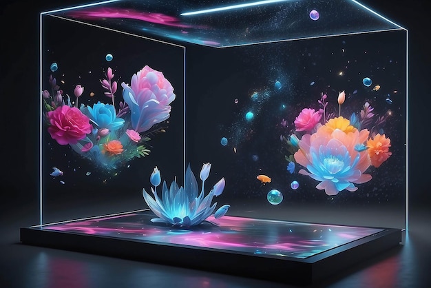 Arte de realidade aumentada em telas flutuantes holográficas com modelos de elementos interativos