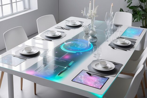 Arte de refeição holográfica Mockup de mesa interativa com configurações dinâmicas