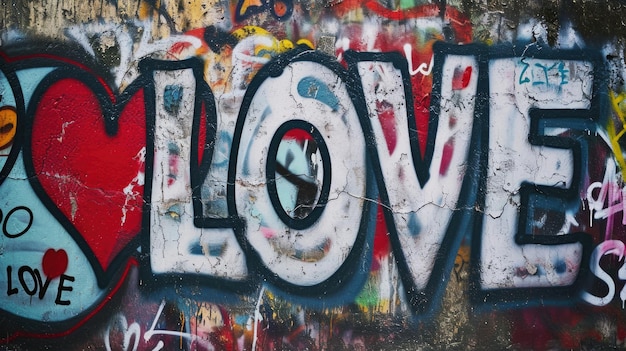 Arte de rua com a palavra AMOR em cores vibrantes em fundo de graffiti