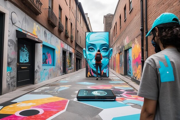 Foto arte de rua de realidade aumentada em um cenário urbano com sobreposições dinâmicas e maquete de conteúdo gerado pelo usuário