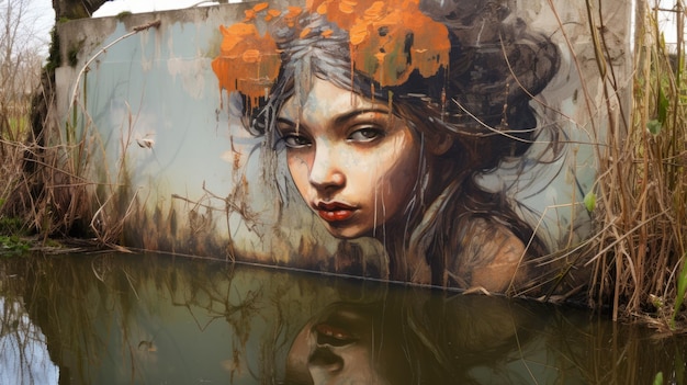 Arte de Rua Edgy Mulher pintando com árvore na água
