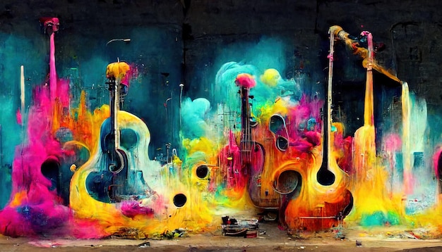 Arte de rua generativa AI com teclas e silhuetas de instrumentos musicais Arte de graffiti colorida de tinta