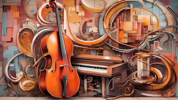 Arte de rua generativa AI com teclas e silhuetas de instrumentos musicais Arte de graffiti colorida de tinta