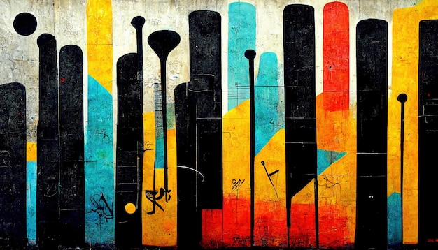 Arte de rua generativa AI com teclas e silhuetas de instrumentos musicais Arte de graffiti colorida de tinta