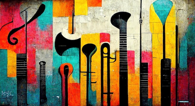 Arte de rua generativa AI com teclas e silhuetas de instrumentos musicais Arte de graffiti colorida de tinta