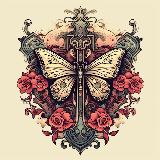 arte de tatuagem de uma cruz com uma borboleta e rosas generativa ai