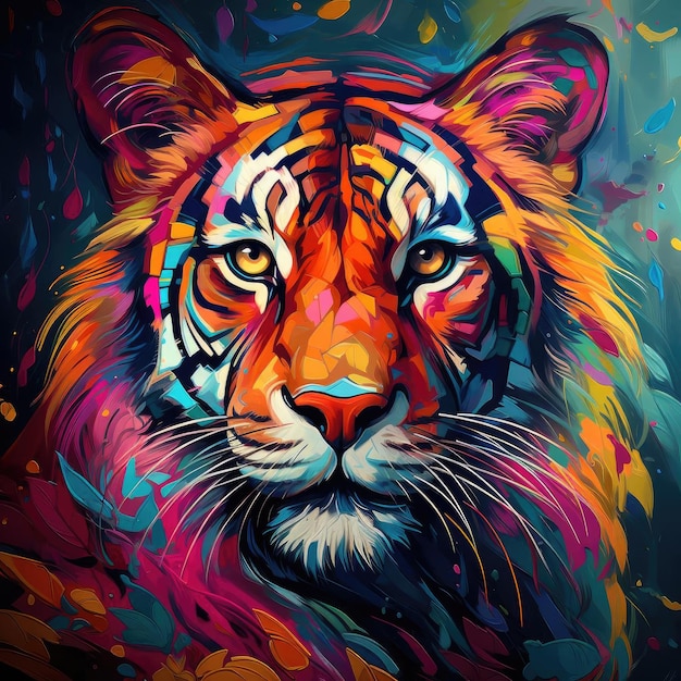 Arte de tigre intensa e vibrante com gradientes coloridos e flora e fauna detalhada