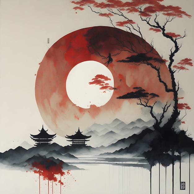 Arte de tinta japonesa com natureza e XY criada com IA generativa