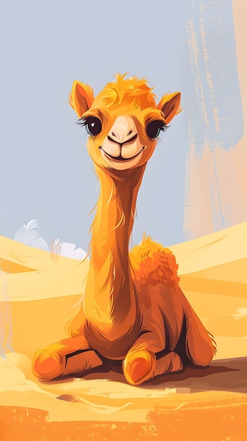 Arte de um jovem girafinho sentado em um deserto laranja