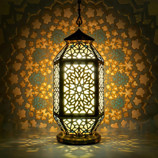 arte de Um projeto para uma lanterna islâmica do Ramadã decorada com um ornamento islâmico e iluminada