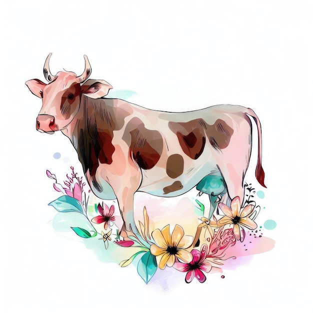 Foto arte de vaca em aquarela com detalhes de flores