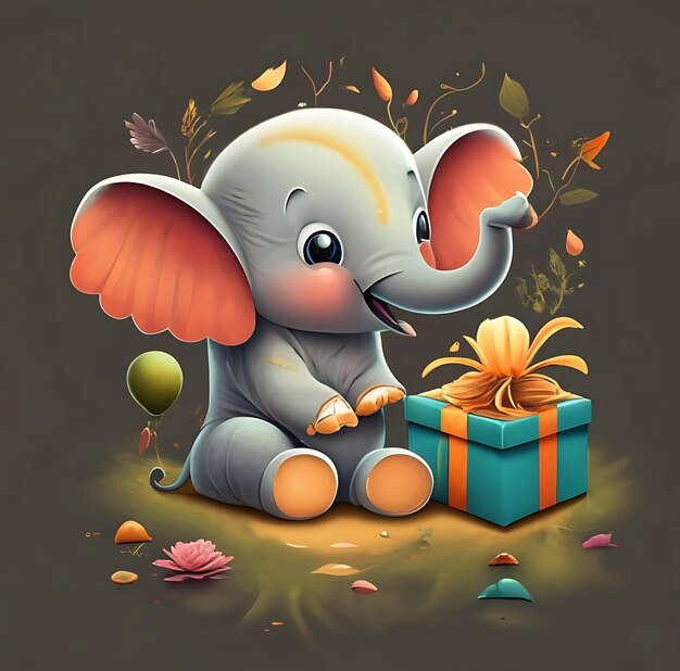 Foto arte del día bebé elefante y la caja de regalos concepto de personaje infantil vacaciones ai generado