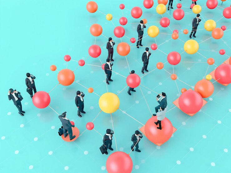 Arte digital 3D de conexiones sociales y comunicación global con figuras en miniatura IA generativa