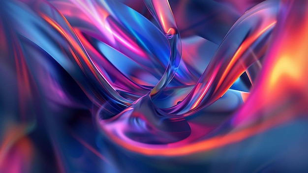Arte digital abstracto con cintas fluidas brillantes de azul rosa y naranja