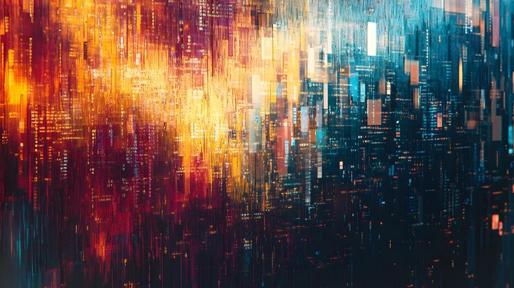 Arte digital abstracto con formas geométricas borrosas y una paleta de colores vibrantes