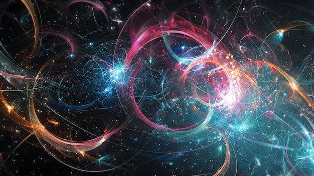 Arte digital abstracto con líneas y formas giratorias brillantes que recuerdan a una nebulosa cósmica