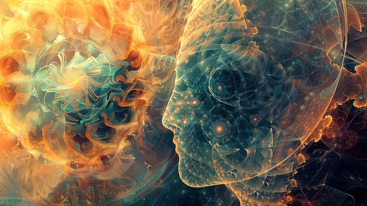 Foto arte digital abstrata com um rosto e uma nebulosa laranja e azul giratória