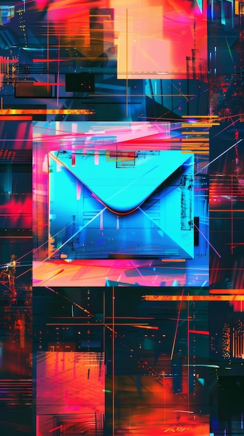 Foto arte digital abstrata de envelope de e-mail em luzes de néon