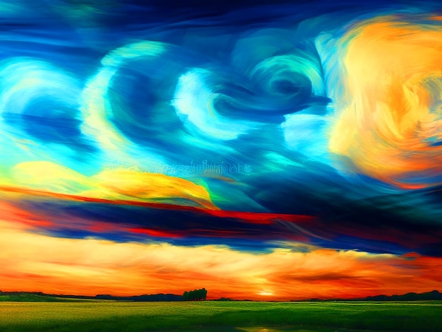 arte digital abstrata paisagem de estilo van gogh e redemoinho nublado no meio do pôr-do-sol imagem do céu dow