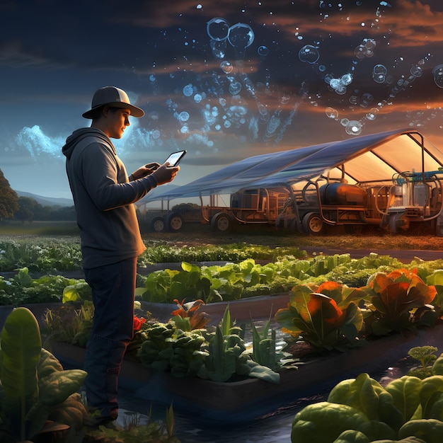 Arte digital de un agricultor moderno que utiliza tecnología avanzada en la granja.