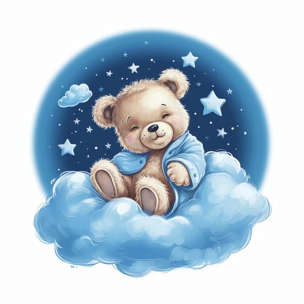 Foto arte digital bonito oso de peluche sentado en una nube y abrazando una estrella oso durmiente en la luna