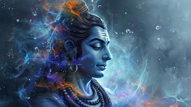 Foto arte digital de la cara del señor shiva con el fondo de la nebulosa espacial