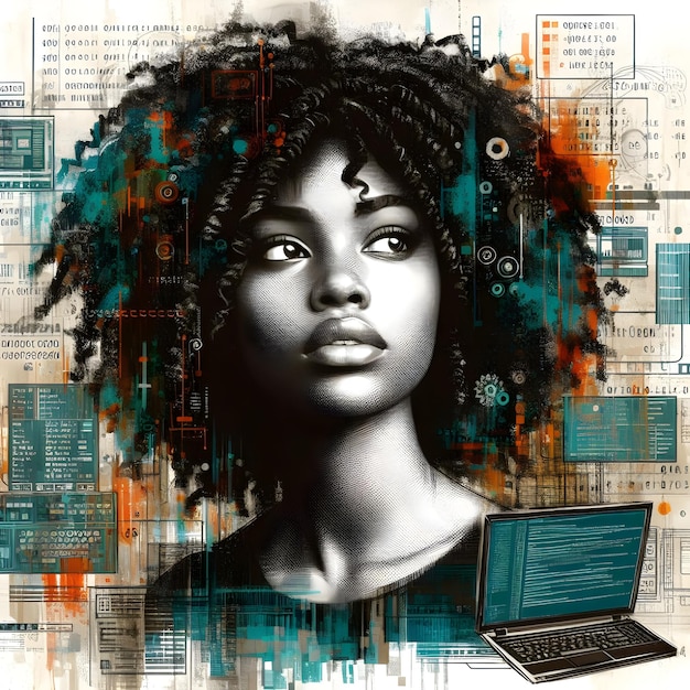 Arte digital de un cartel de una mujer africana pensativa con una computadora portátil en medio de elementos tecnológicos abstractos