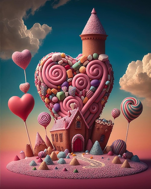 Un arte digital de una casa hecha de dulces.