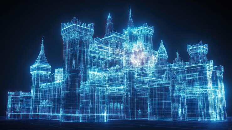 Foto el arte digital del castillo de marco de alambre brillante