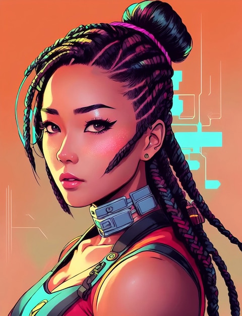 Un arte digital de una chica con trenzas y un fondo rojo.