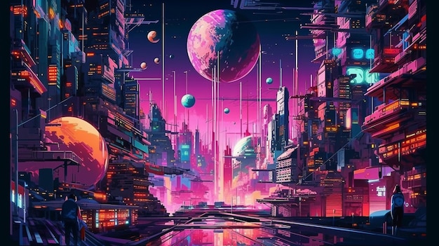 Un arte digital de una ciudad con un planeta y un planeta.