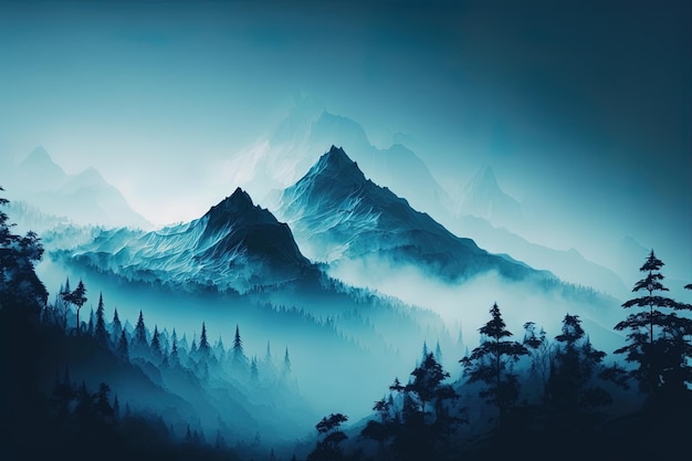 arte digital da pintura de montanha azul, um belo design de plano de fundo de pintura à mão de paisagem