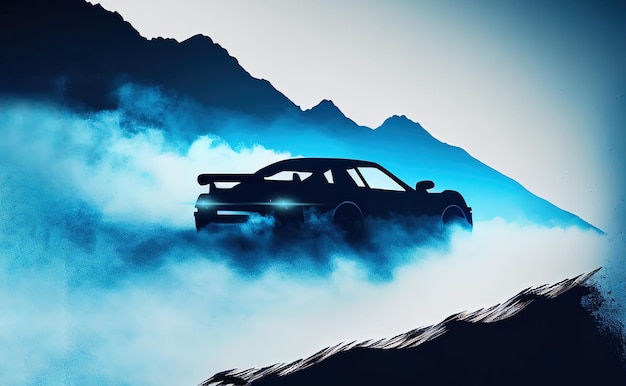 Arte digital de carro de rally sobre trilha de montanha, pintura de imagem de minimalismo com neblina de montanhas azuis
