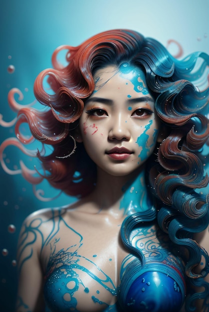 arte digital de mulher asiática em estilo realista com salpicos de tinta em azul com cabelo encaracolado