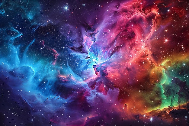 Arte digital de nebulosa vibrante no espaço com nuvens coloridas e estrelas formando padrões intrincados