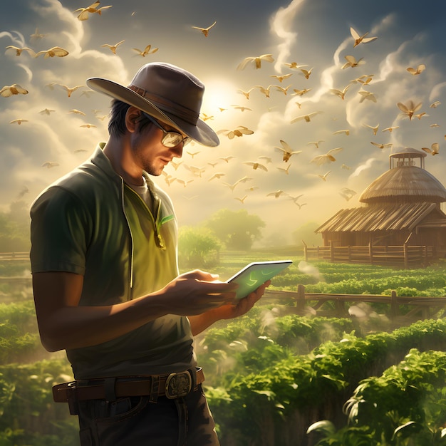 Arte digital de um agricultor moderno utilizando tecnologia avançada na fazenda