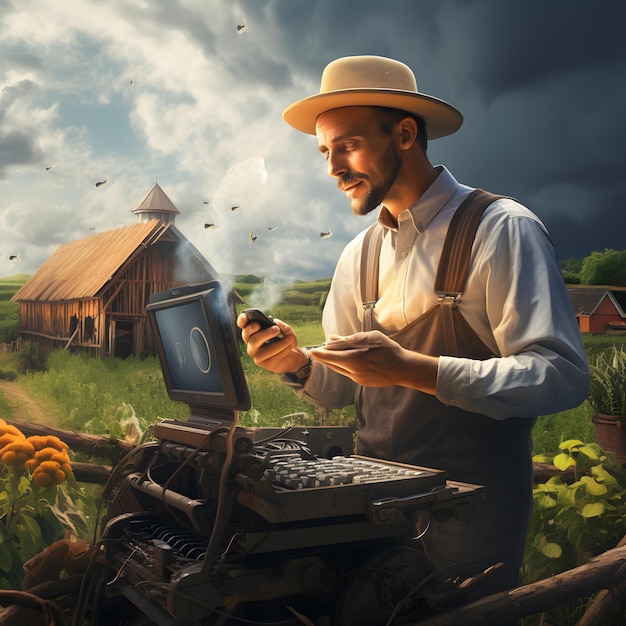 Arte digital de um agricultor moderno utilizando tecnologia avançada na fazenda