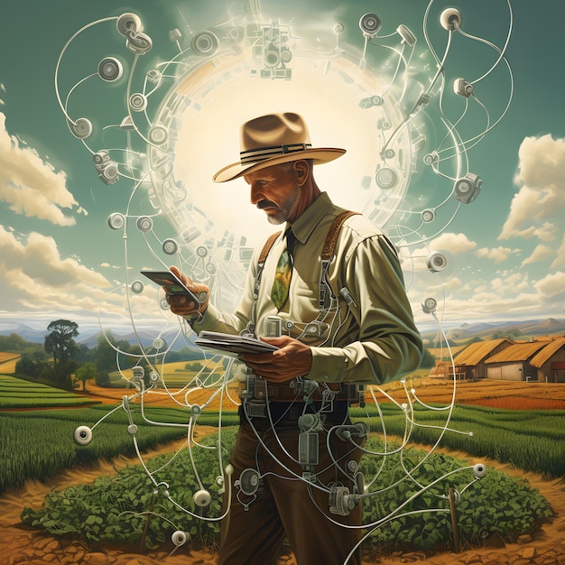 Arte digital de um agricultor moderno utilizando tecnologia avançada na fazenda