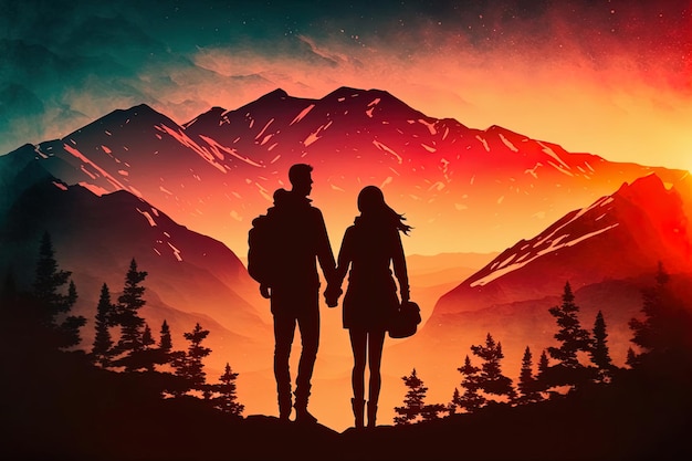 arte digital de um casal segurando a silhueta de mão no topo das montanhas ao pôr do sol