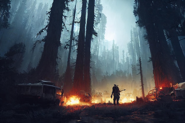 Arte digital de um homem de pé na floresta escura