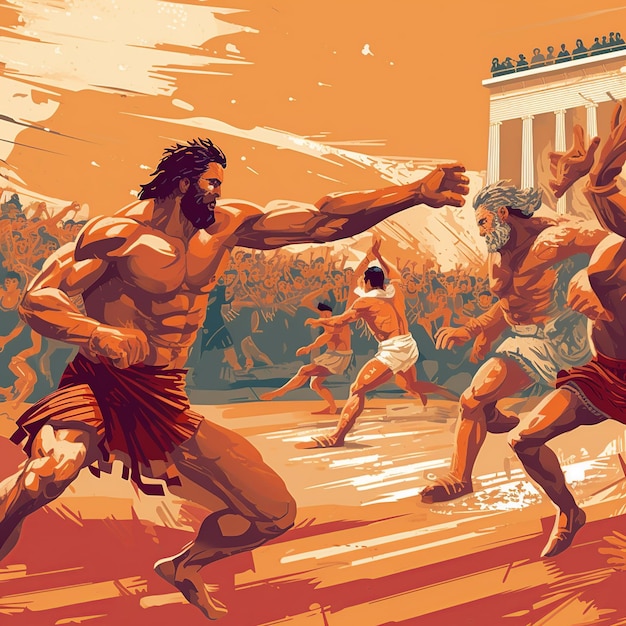 Arte digital de um momento tenso nos antigos Jogos Olímpicos durante um lançamento de dardo