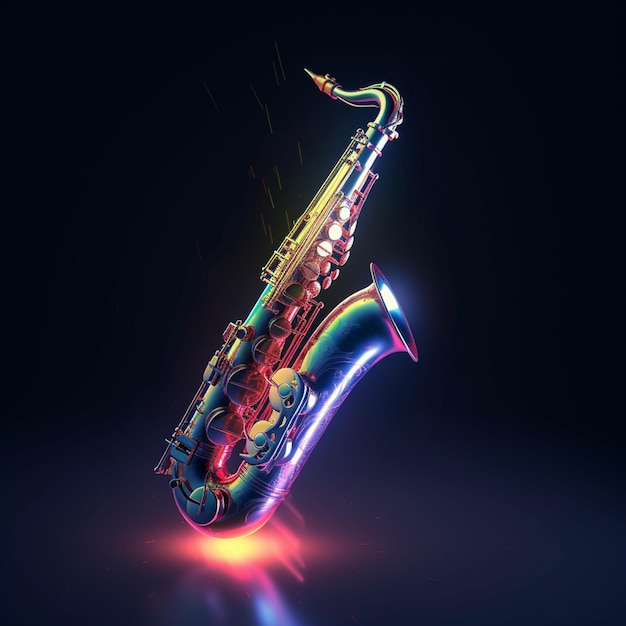 arte digital de um saxofone com néon e teclas brilhantes simbolizando vibração