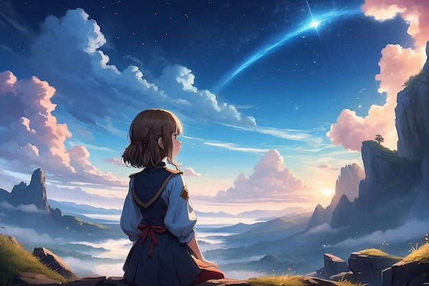 Arte digital de uma garota de anime de fantasia solitária olhando para o céu