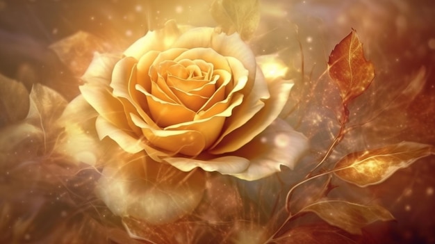 Arte digital de uma linda rosa dourada ao fundo GERAR IA