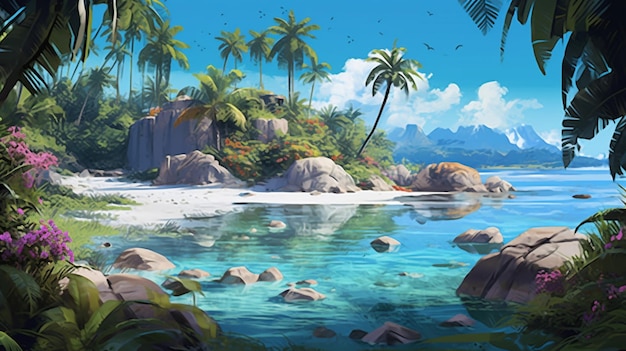 Arte digital de uma praia de paraíso tropical com choro