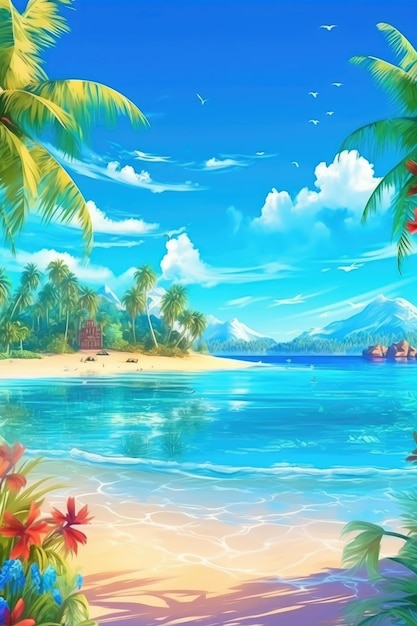 Arte digital de uma praia paradisíaca tropical com águas cristalinas Illustration Generative AI